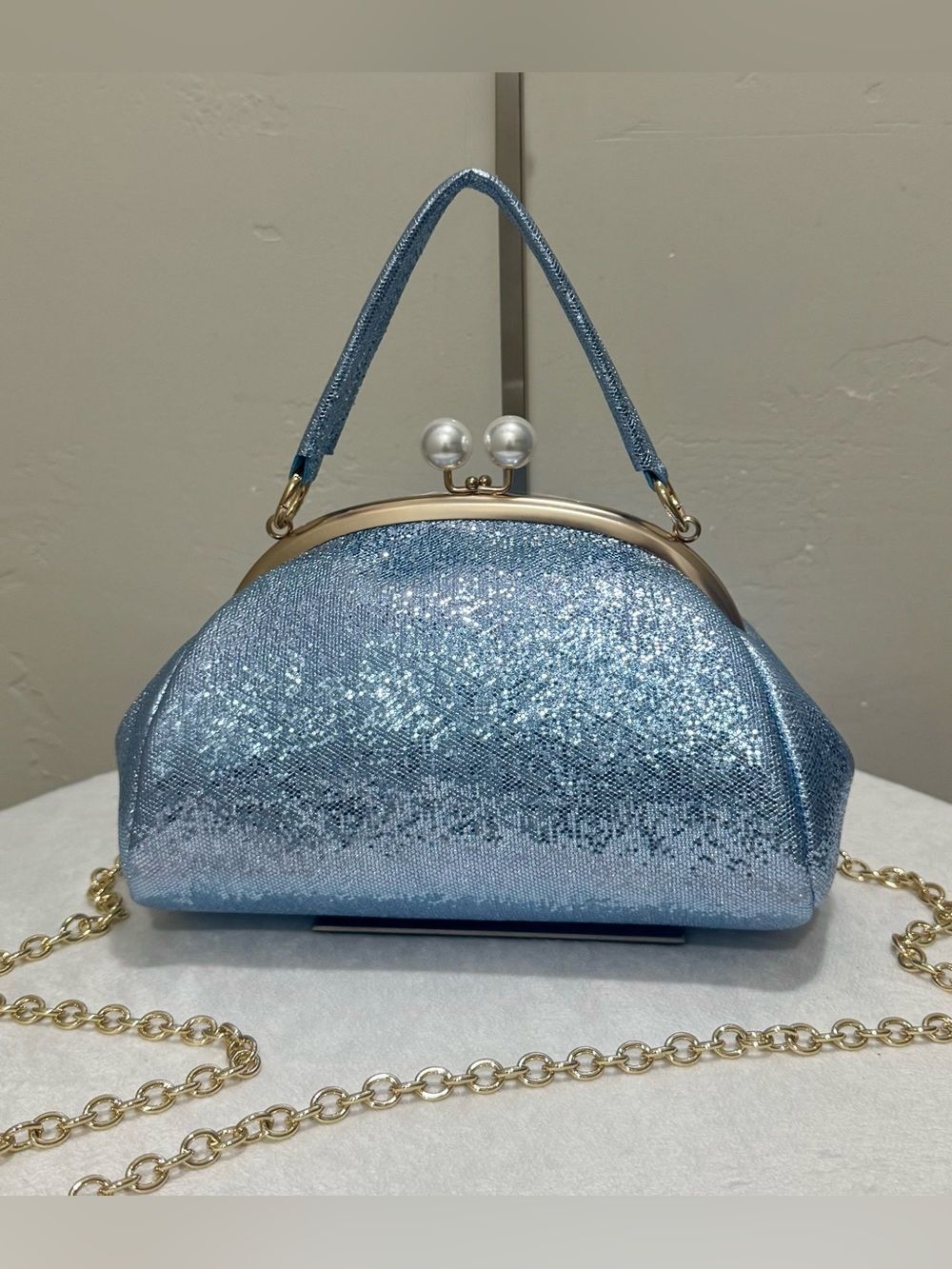 Blue Glitter Leather Handmade “Pearl” Shaped Kisslock Clutch,Multi Use Style Bag